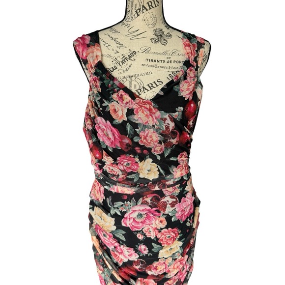 Express Dress Large Bodycon Floral Mesh Ruched Romantic Y2K Mesh Sweetheart Neck - Picture 2 of 13